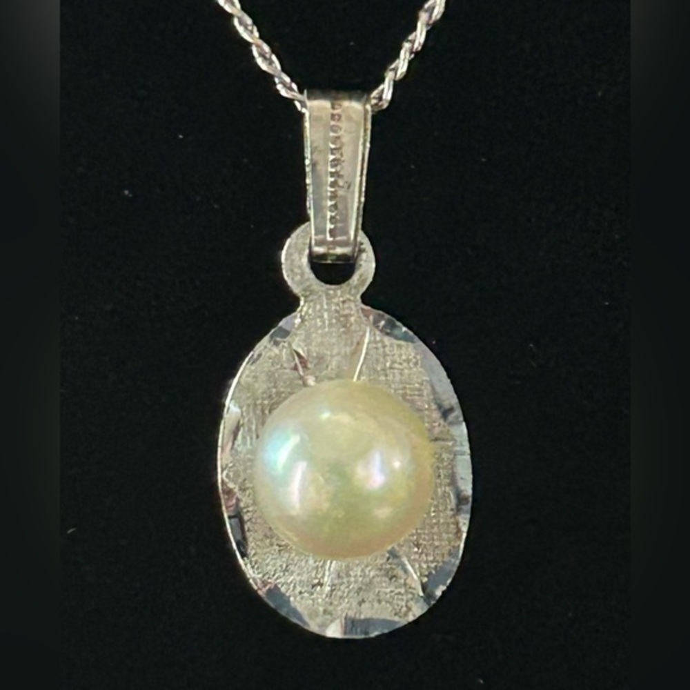 Vintage Sterling Silver Pendant Faux Pearl and Silver Plate Necklace